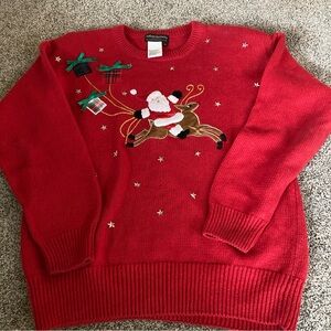 Vtg Leslie Fay Haberdashery S Sweater Red Santa Reindeer Gold Stars Ramie Cotton